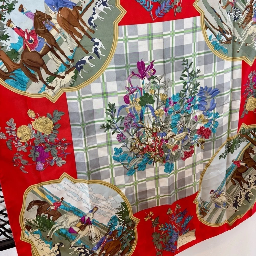 GUCCI Vintage Silk Scarf 34” Red Equestrian Hunting Print Italy